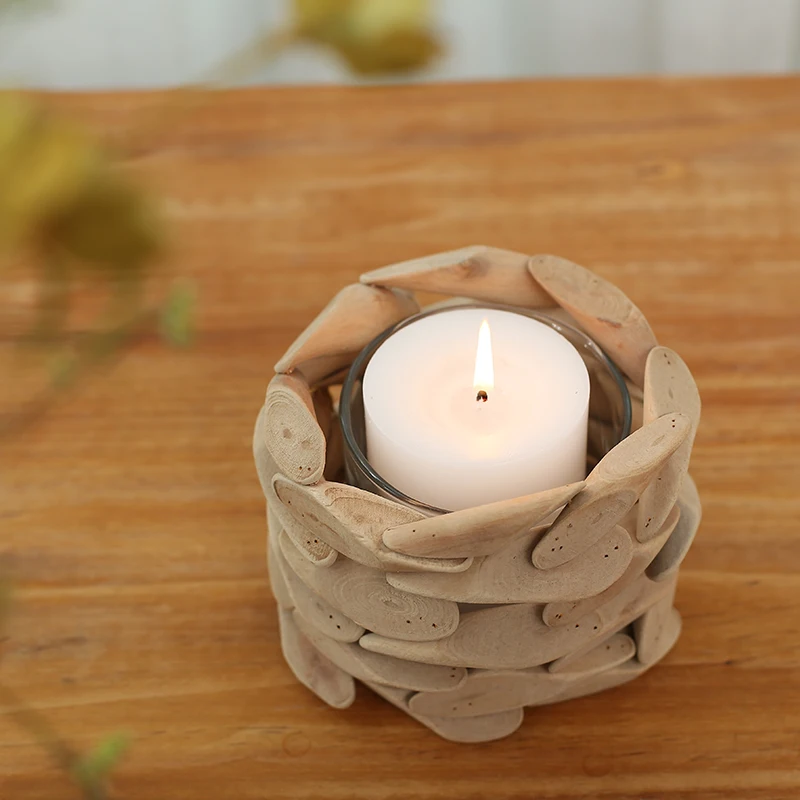 Деревянный Круглый подсвечник ручной работы в пасторальном стиле со стеклянной