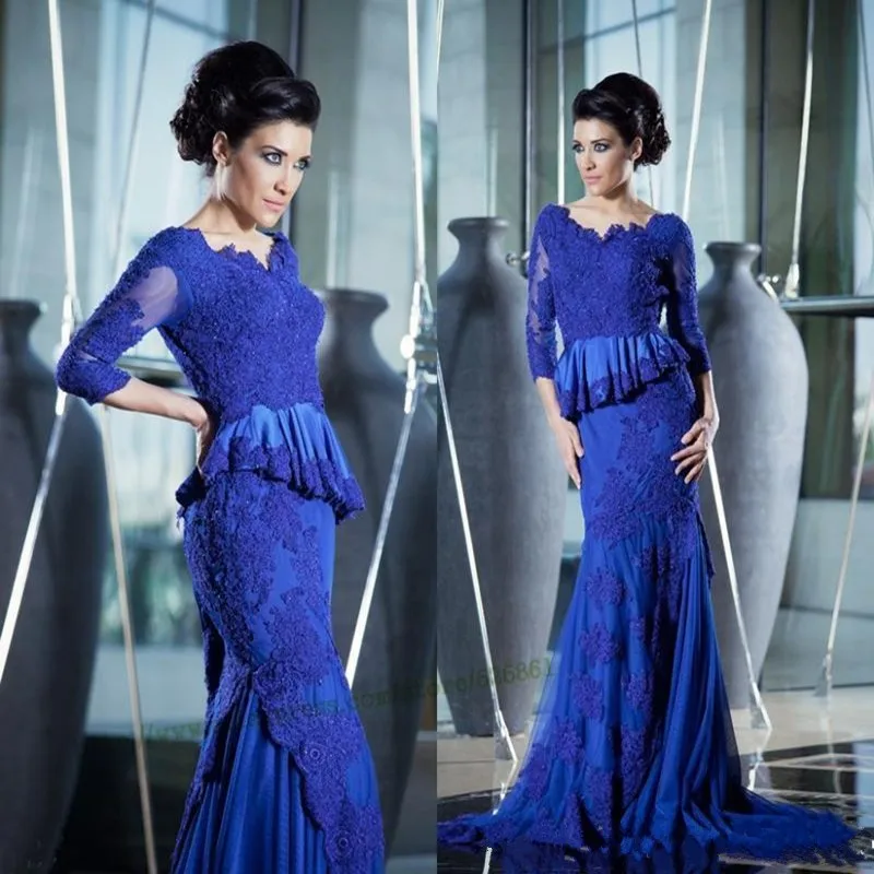 Элегантный Royal Blue Lace Аппликации Длинные Вечерние Платья Партии С Половина Рукава