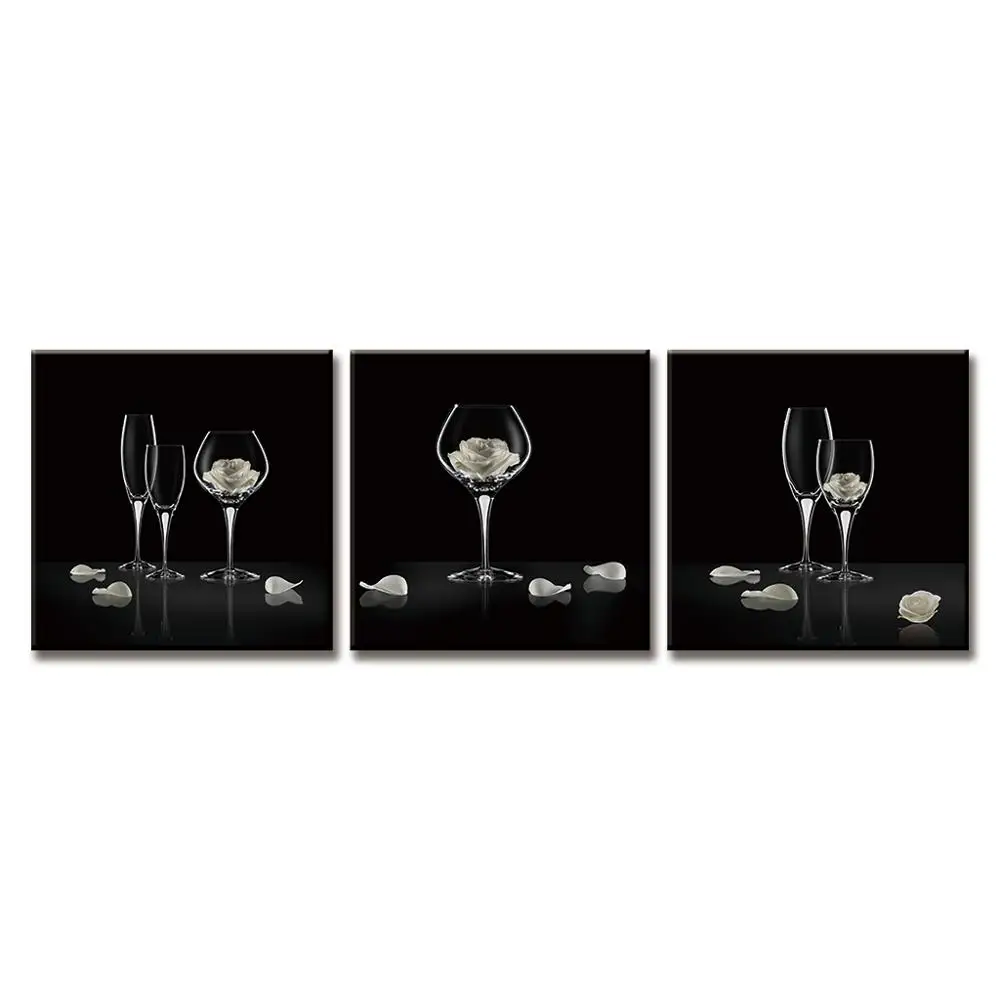 3 Pieces Still Life Transparent glasses Canvas Painting Simple Black Flower in Goblets Printed with Framed Bar Decor | Дом и сад