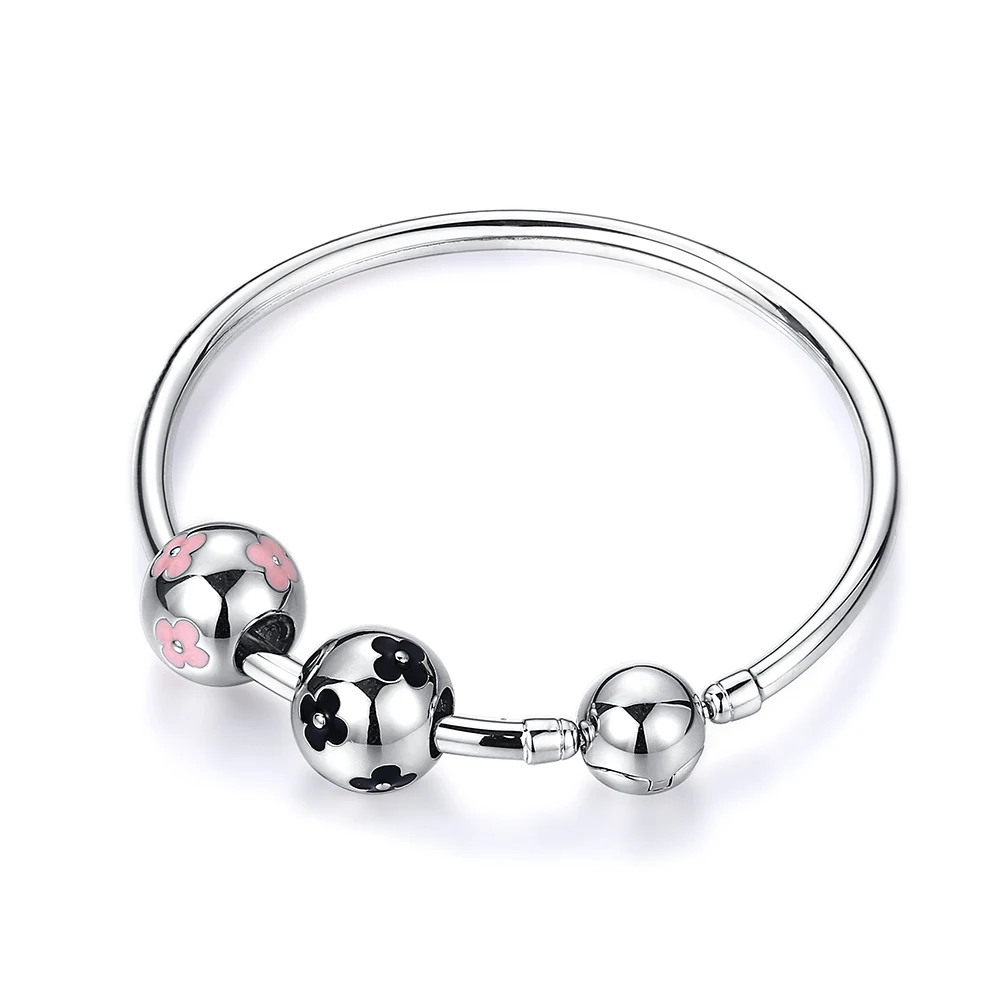 100% 925 Sterling Silver Bracelets Bangles DIY Pan Bracelet Jewelry Black Pink Plum Flower Football Bead Charm For Women | Украшения и