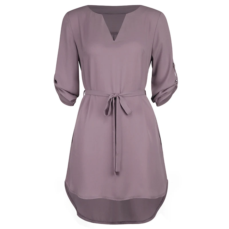 Фиолетовый Женское пляжное платье, короткая туника, рубашки, платье Vestidos, одноцветное, v-образный вырез, сарафан, Ретро стиль, карманы, свободные, шифон, вечерние, платье - Цвет: Фиолетовый
