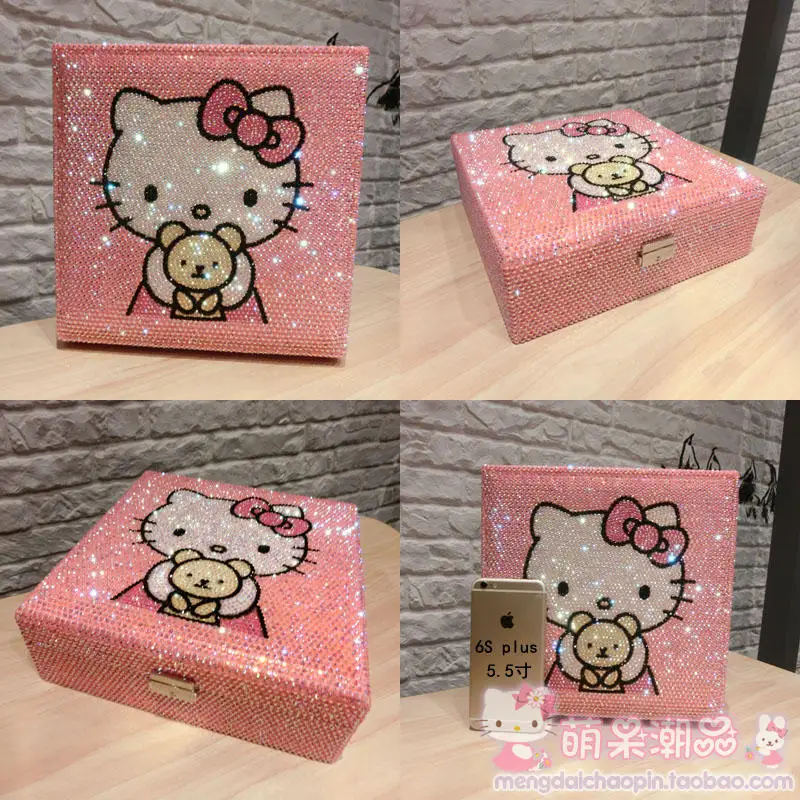 Ручная работа hello kitty, алмазная коробка для хранения, органайзер, стразы, органайзер для макияжа, деревянная Ювелирная коробка, контейнер для хранения бусин, милые