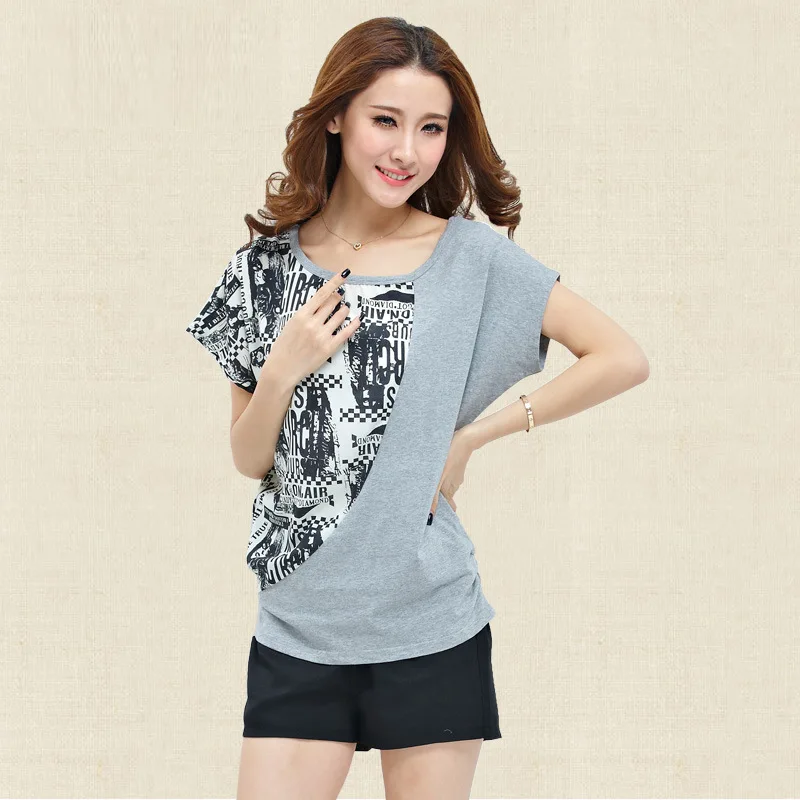 Футболка женская с рукавом летучая мышь повседневный топ принтом серого цвета