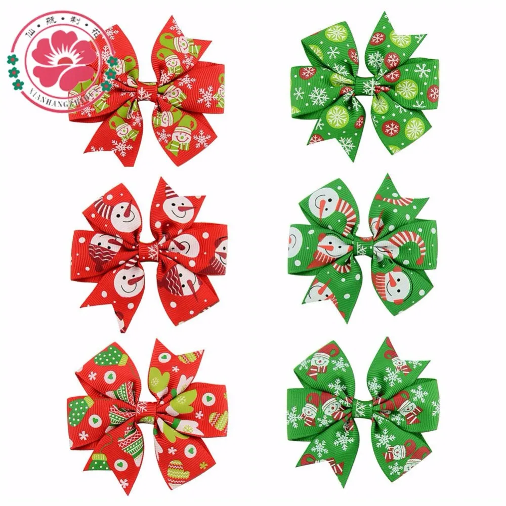 

3 inch Christmas Snow Flake Grosgrain Ribbon Bows WITH Clip 12 pcs/lot gingerbread man Hair Clips Accessories 642