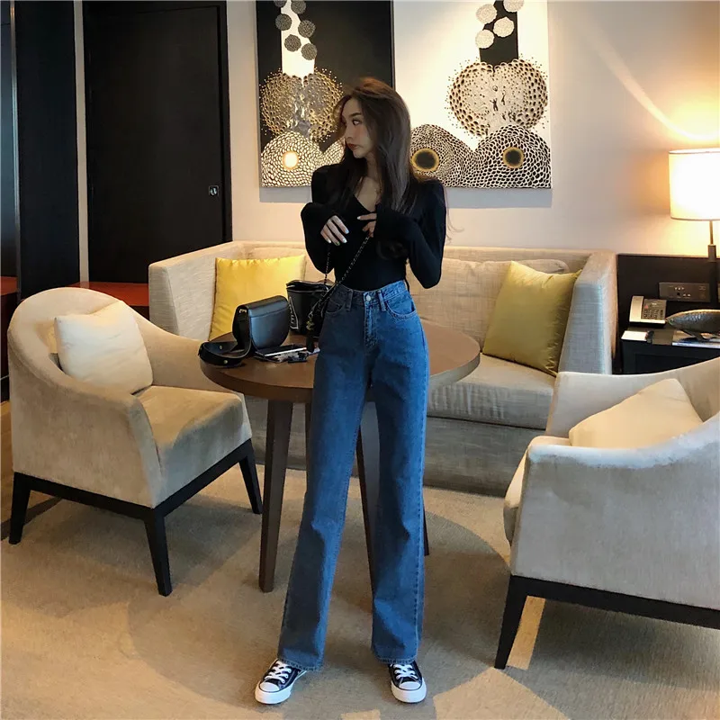 Хит, женские джинсы с высокой талией, широкие, свободные, для отдыха, Vogue, деним, полная длина, прямые, повседневные, весна-лето