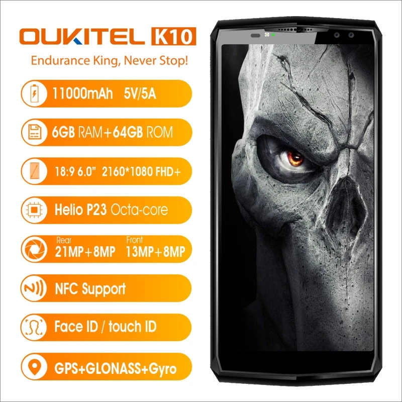 Oukitel K10 6 0 &quot18:9 Дисплей Face ID 6G Оперативная память 64G Встроенная 11000 mAh 5 V/5A Quick Charge