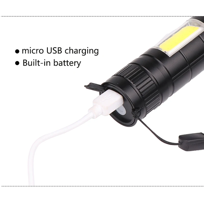 Водонепроницаемый перезаряжаемый светодиодный фонарик T6 + COB 3 режима освещения