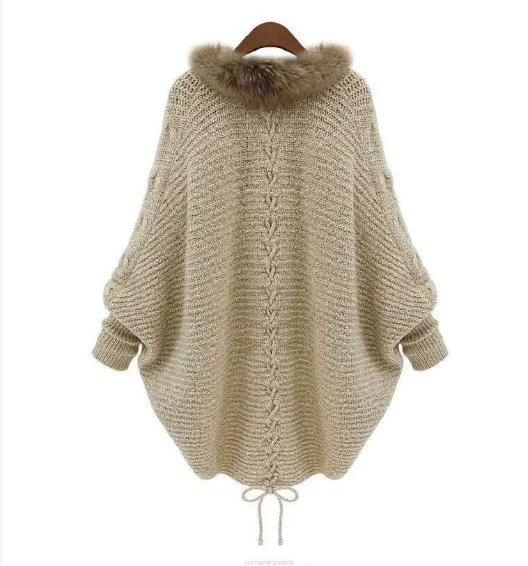 2021 Oversize Loose Cape Winter Women Fur Neck Knitted Cardigans Female Long Batwing Sleeves Vintage Open Stitch Sweater Shirt |