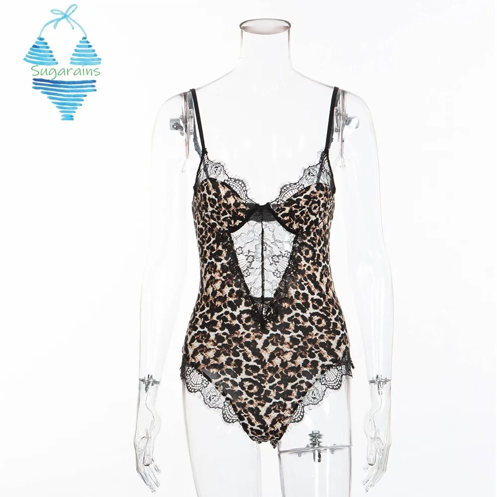 Sugarains животных печати Leopard боди кружево лоскутное сексуальное дамы с низким