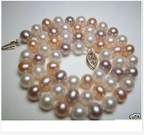 

elegant 8-9mm freshwater round multicolor pearl necklace 18inch 14k/20