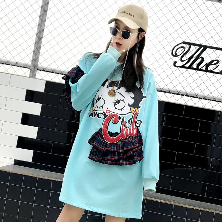 Women's sweater Thai street fashion 2019 spring new cartoon beauty letters sequins spell retro plaid loose T-shirt skirt women | Женская