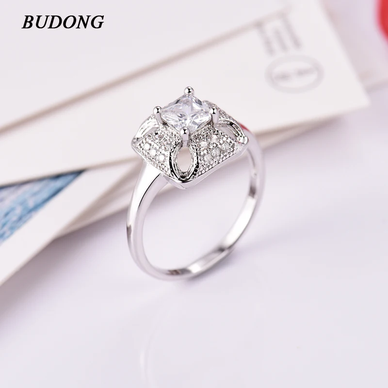Женские кольца на палец BUDONG серебряные винтажные с фианитом для помолвки и