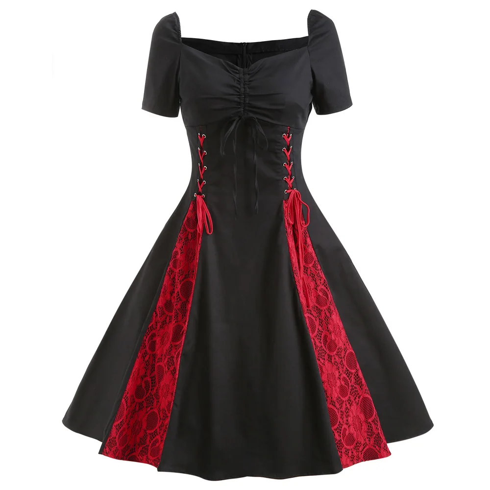 Женское винтажное платье на шнурках черное красное летнее с коротким рукавом