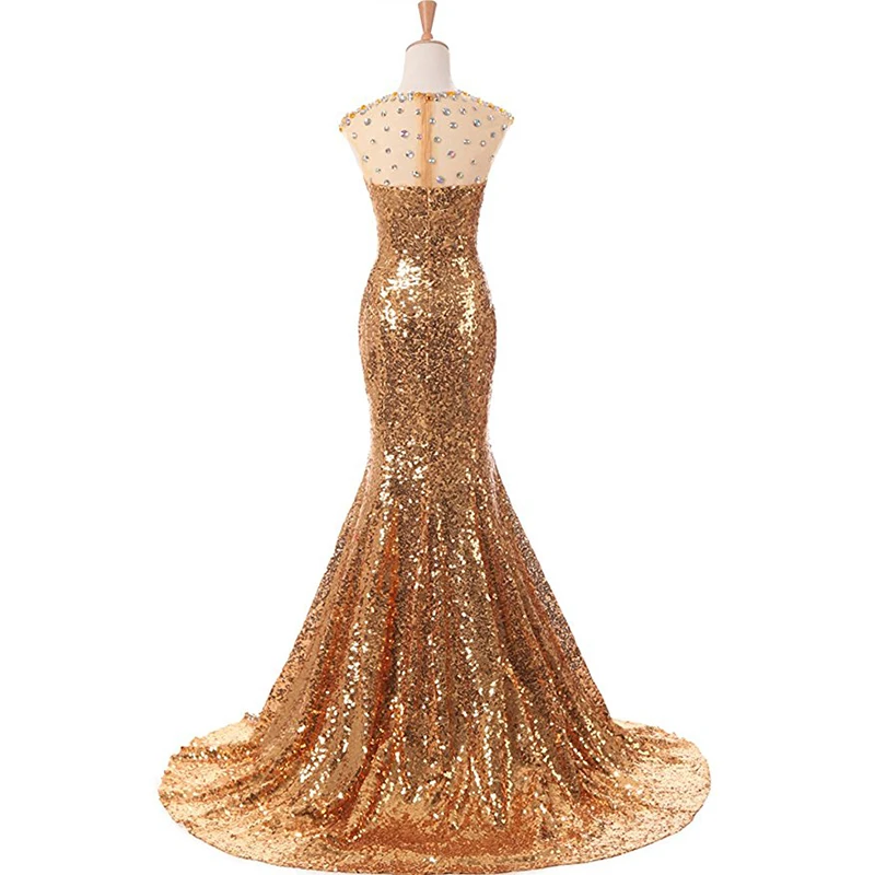 Женское золотистое платье с круглым вырезом длинное вечернее без рукавов со