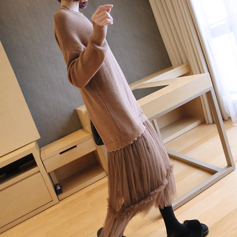 Женский свитер с кружевной вышивкой свободное трикотажное платье большого