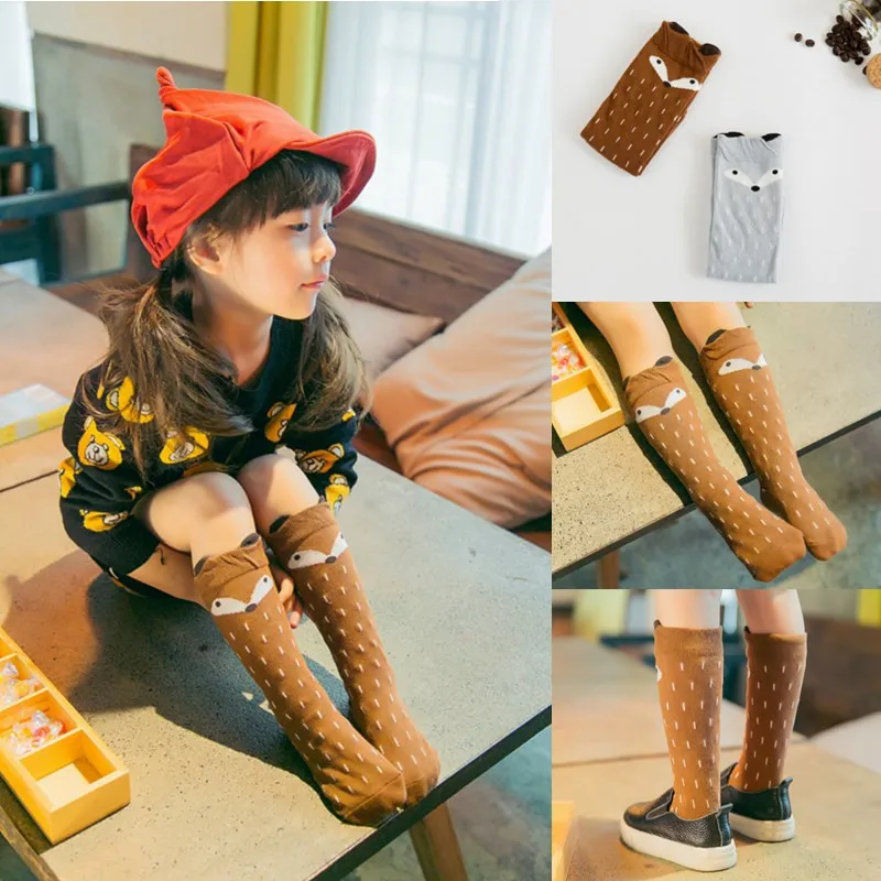 Гольфы с мультяшным принтом лисы для девочек и мальчиков осенне зимние теплые