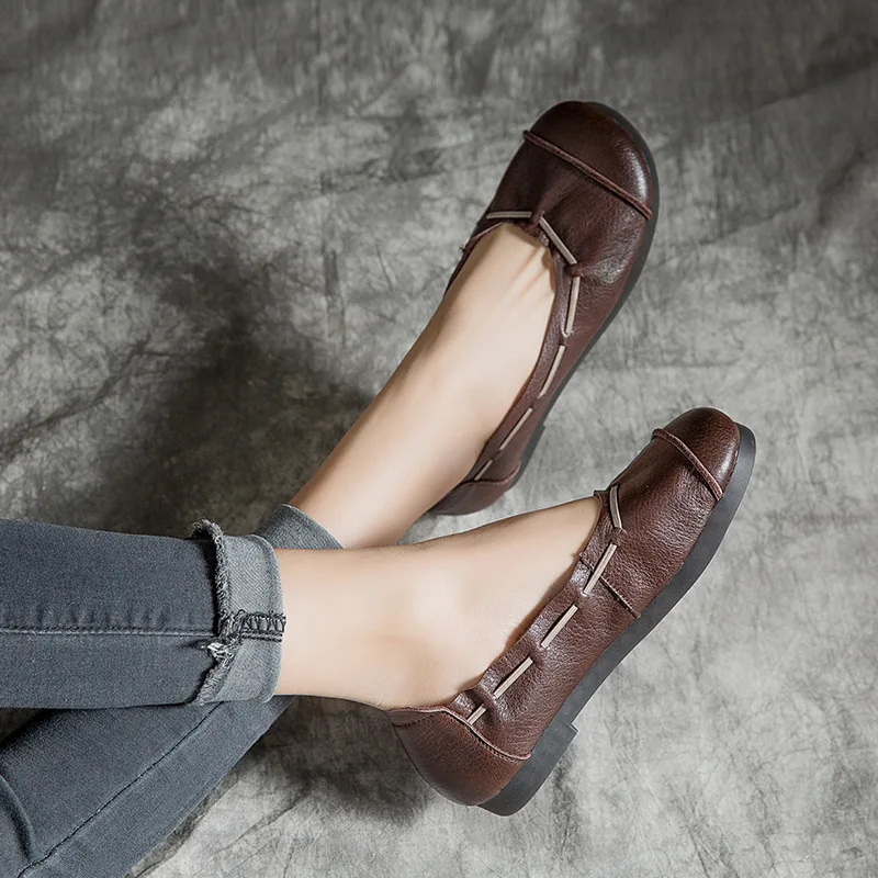 

Johnature 2021 New Spring/summer Genuine Leather Retro Solid Round Toe Slip-on Comfortable Shallow Women Flats Shoes