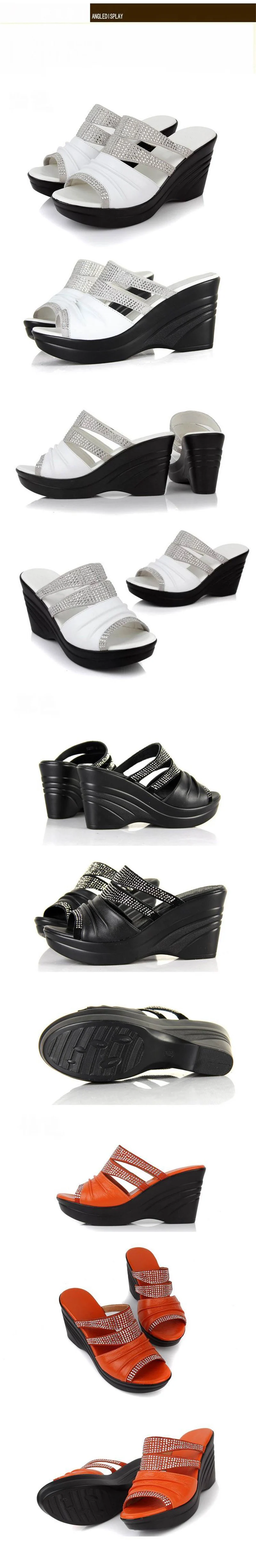 Beyarnebrandsandals из воловьей кожи; обувь, расшитая стразами; женские сандалии-шлепанцы туфли с широко открытым носком босоножки на танкетке Обувь для матерей fashionsandalsE295