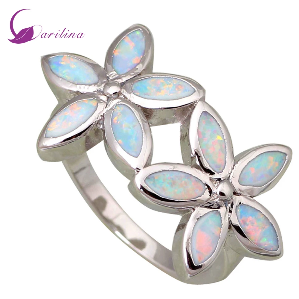 

Fashion Flower Opal Rings Women's Rings White Opal Ring Silver Color Overlay Size 5 6 7 8 9 10 R462