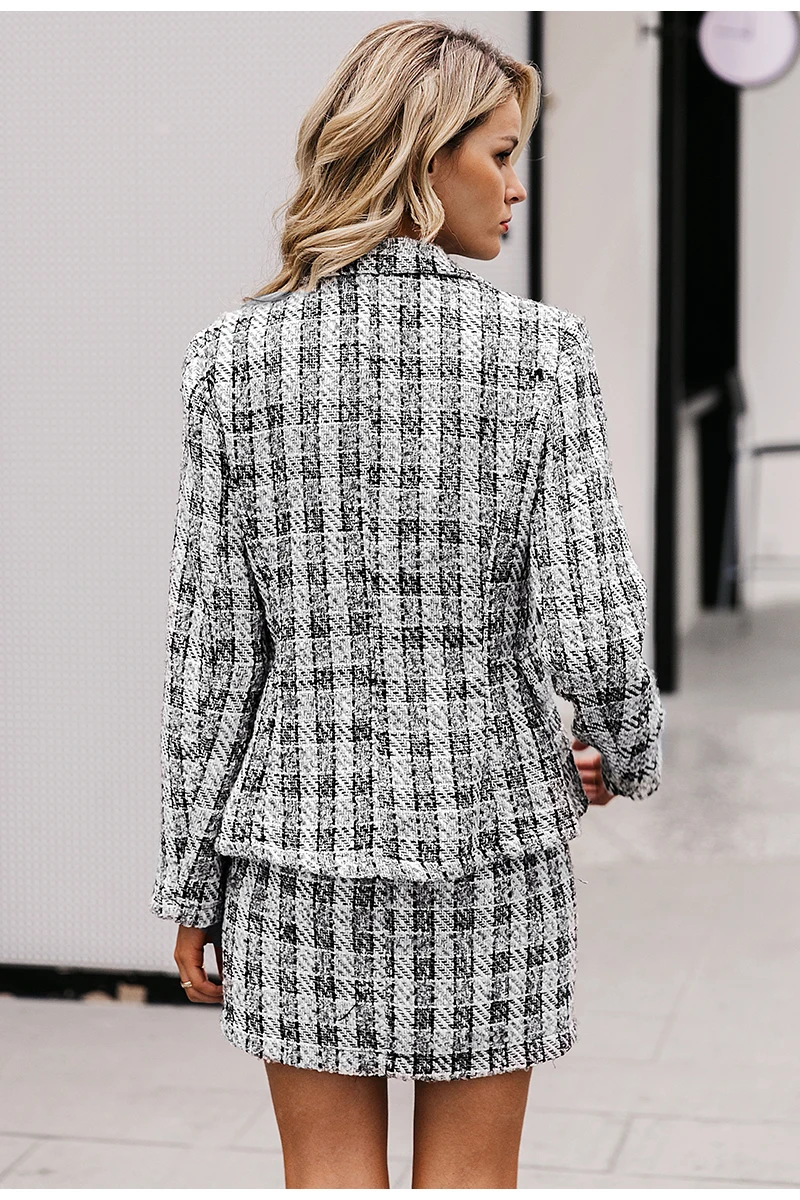 Simplee Vintage tweed plaid blazer women Buttons double breast office ladies blazer jackets Winter work wear female blazer coats