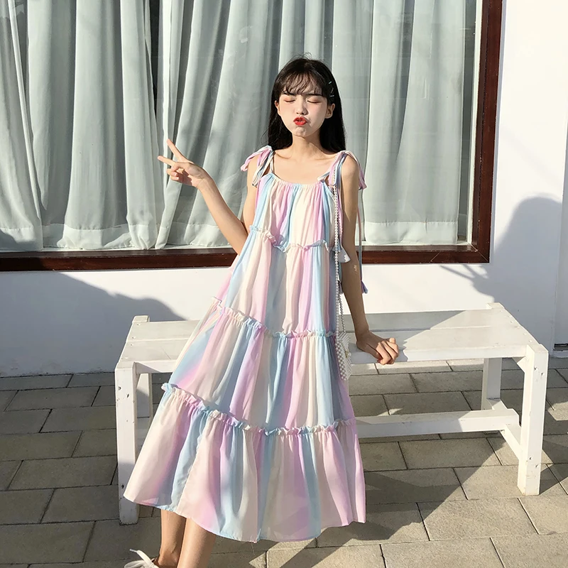 INS милое платье женская летняя Корейская стильная одежда модный бренд Спагетти