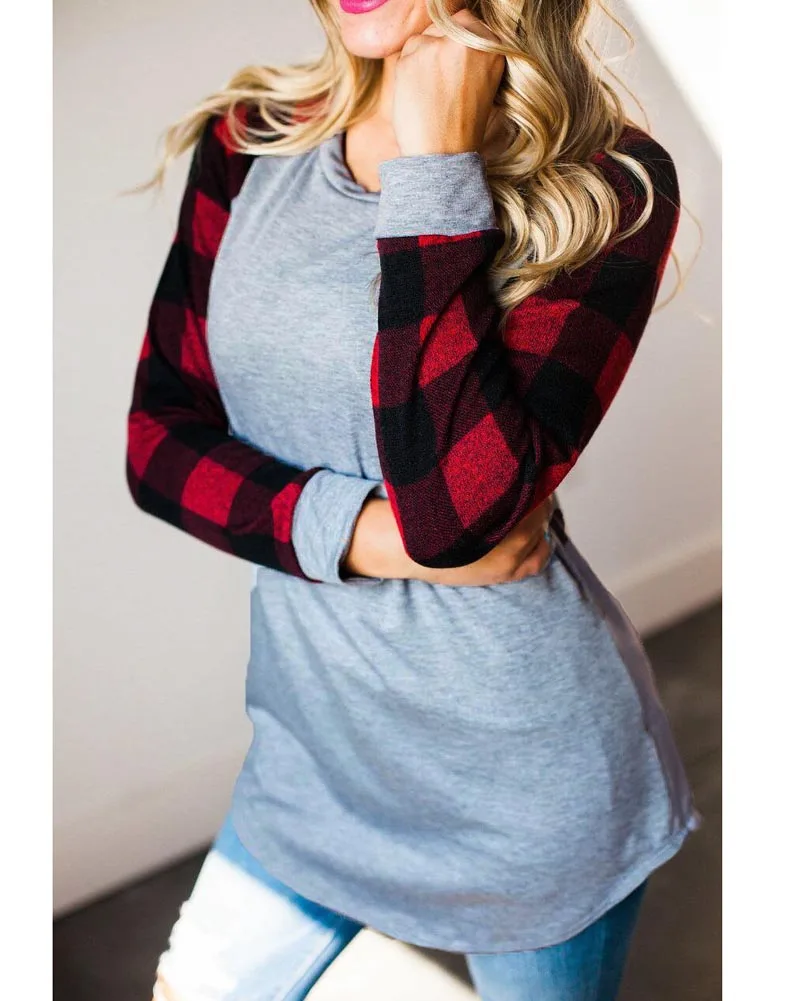 

Hitmebox 2019 New Fashion Women's Plaid Raglan Long Sleeve Color Block Base Top Tees Ladies Pullover Round Neck Checks T Shirts