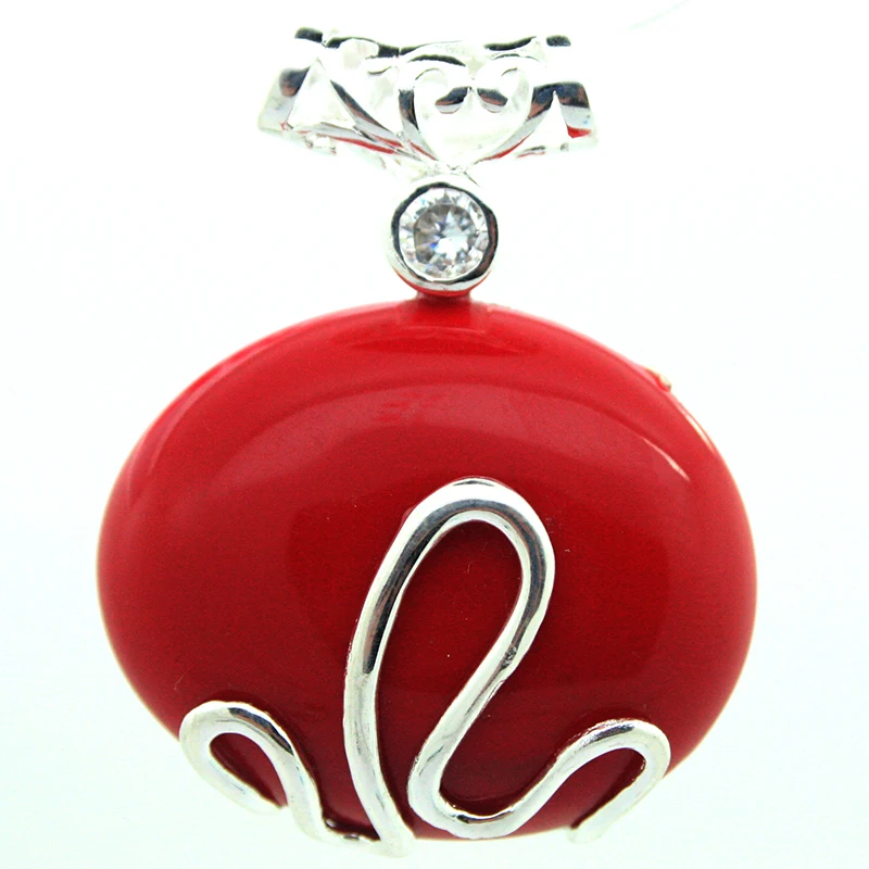 

Elegant 925 Sterling Silver imitation Red Coral Fortune Pendant 37x30MM