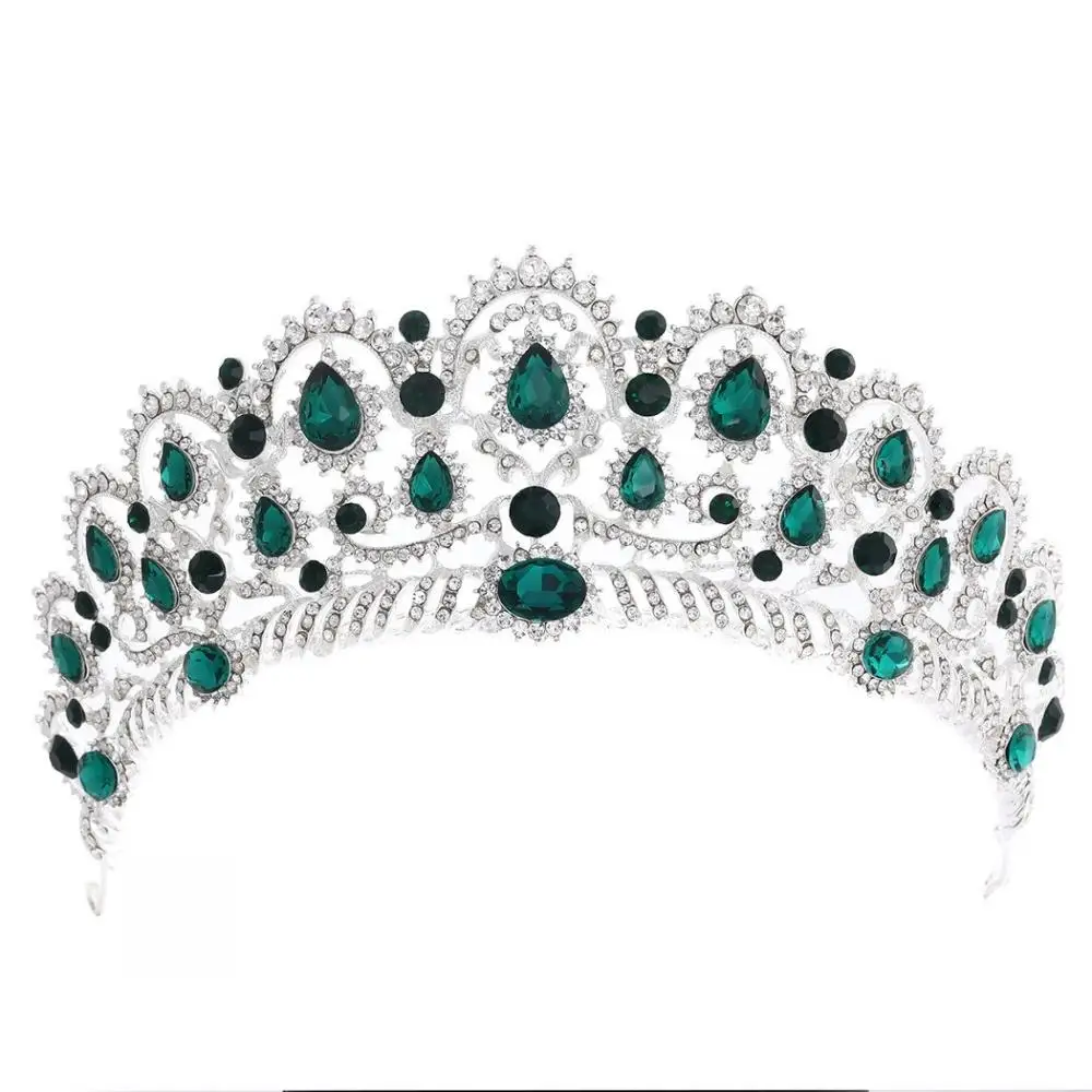 Silver Green No Comb Розовое золото, розовый цвет, винтажное украшение для волос в стиле барокко, королева, король, жемчуг, кристалл, тиара и корона с гребнем, повязка на голову, свадебные Стразы, диадема - Окраска металла: Silver Green No Comb