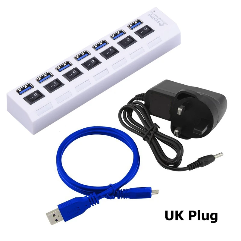 White and UK Adapter USB HUB 3,0 Супер скорость 5 Гбит/с 7 портов USB 3,0 usb-хаб с переключателем включения/выключения Platooninsert для компьютера ноутбука периферийные устройства - Цвет: White and UK Adapter