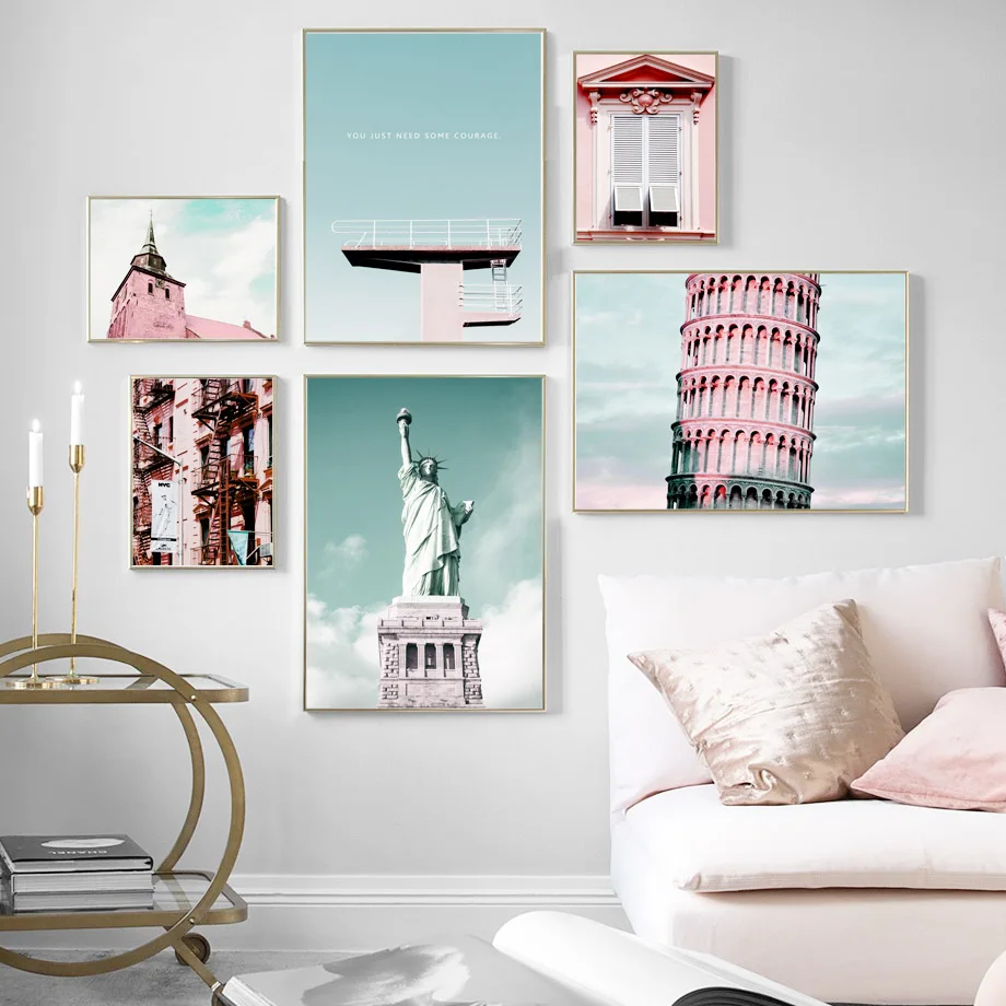 Настенная картина с изображением статуи Свободы прислоненной башни Пизы пейзажа