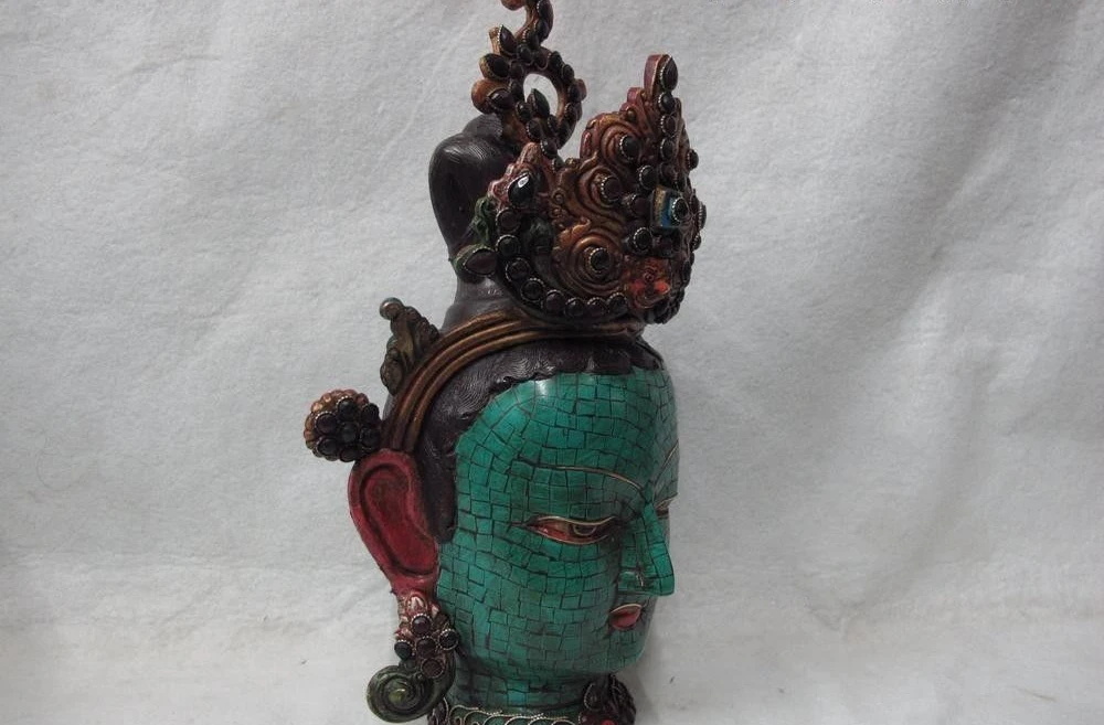 Buddhism Old Bronze Painted inlay turquoise ruby beryl gem Kwan-Yin GuanYin Head 8.02 | Дом и сад