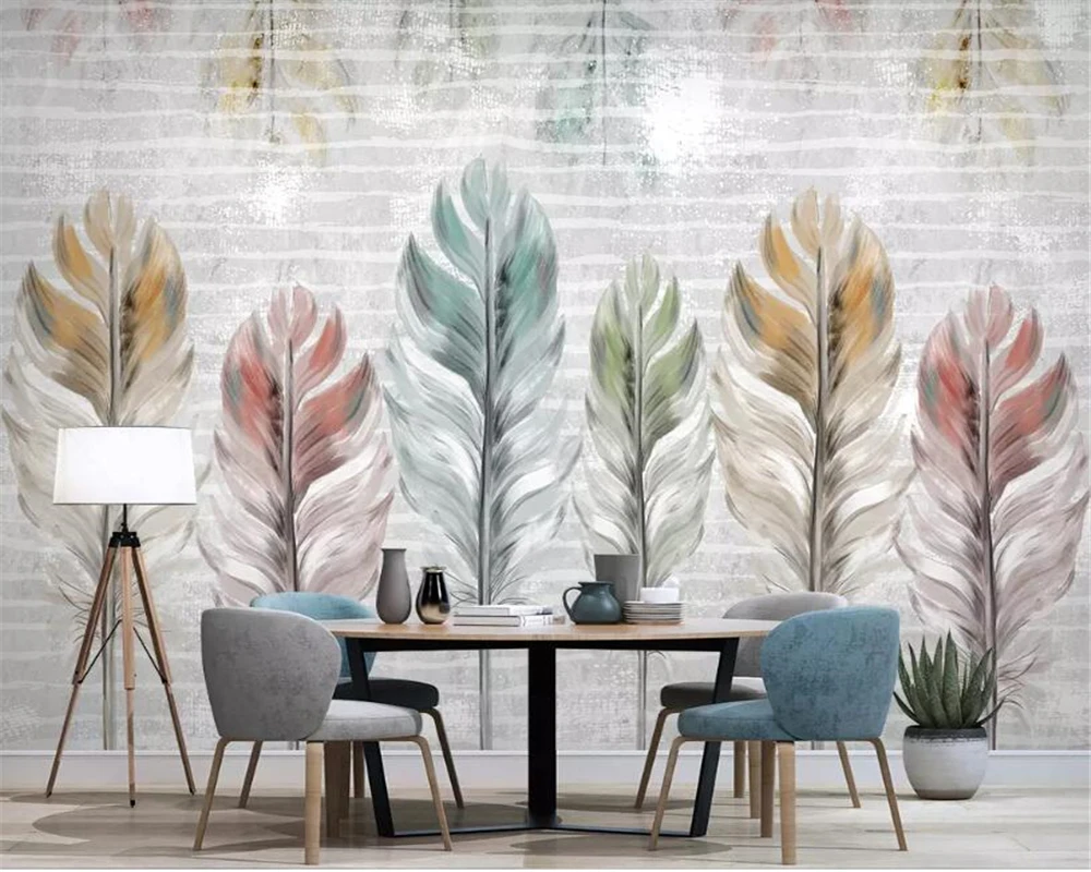 

Beibehang Custom wallpaper mural Nordic hand-painted colored feathers modern minimalist TV background wall 3d wallpaper tapety