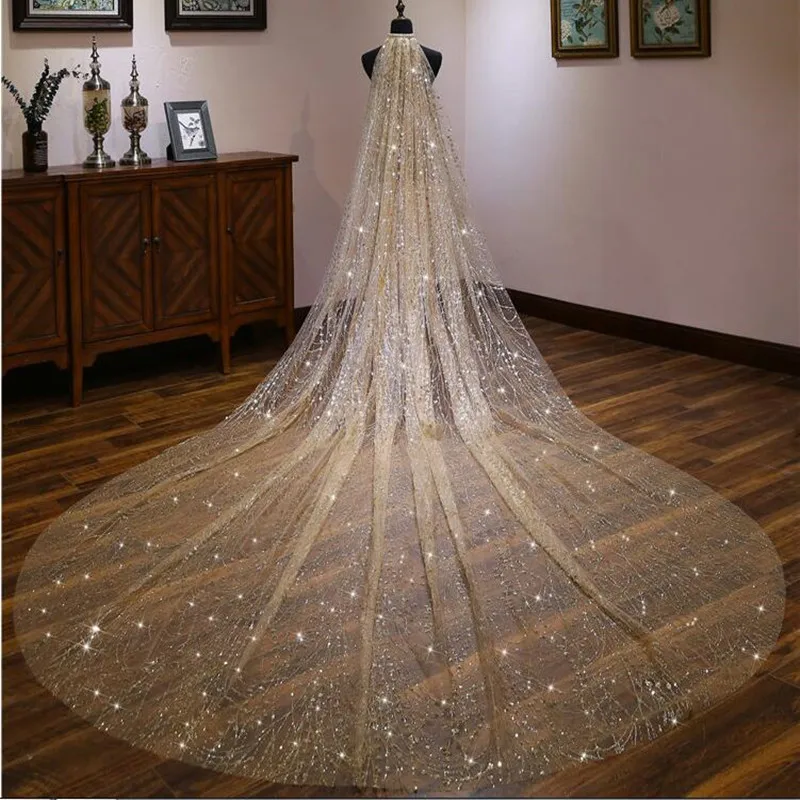 

New Arrive Luxury Champagne Gold Star Shining Wedding Veils Cathedral Marriage Headdress Free Comb Custom Made Bridal Veil