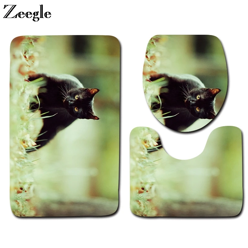 HD Cat Printed Bathroom Carpet Set 3pcs Toilet Mats Anti-slip Bath Washable Rugs Lid Cover | Дом и сад