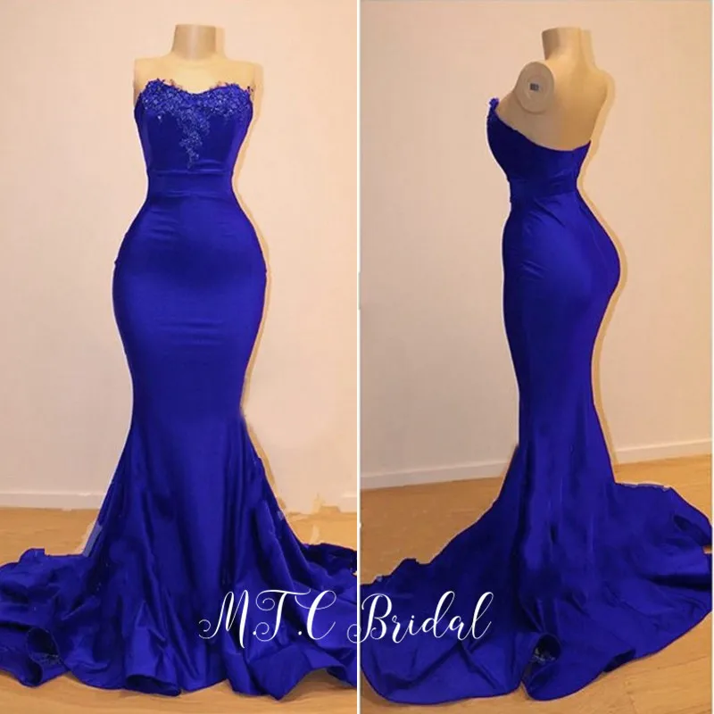 Синий Vestido de festa Русалка Королевского синего цвета Вечерние платья без бретелек эластичное атласное длинное кружевное платье вечерние женские платья - Цвет: Синий