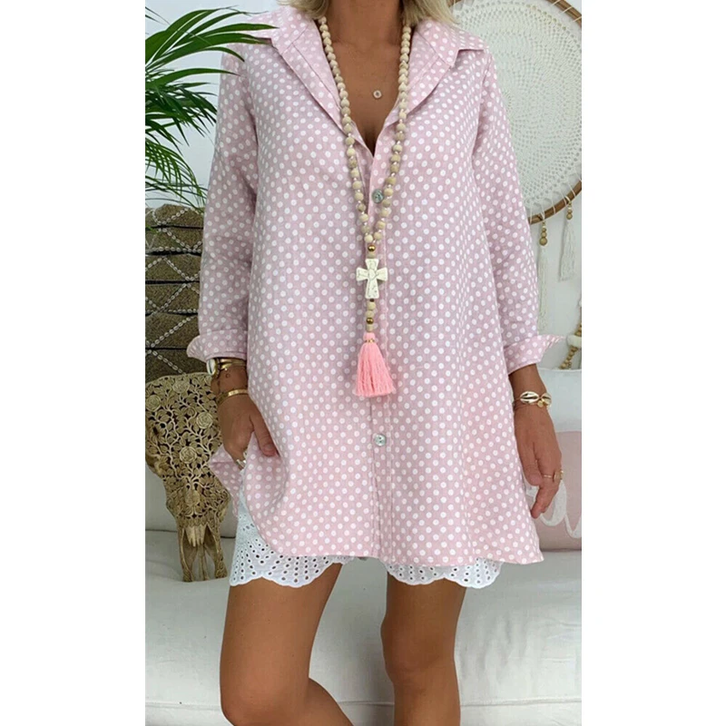 Женская Длинная блузка в горошек Boho Повседневная Свободная с длинным рукавом топ