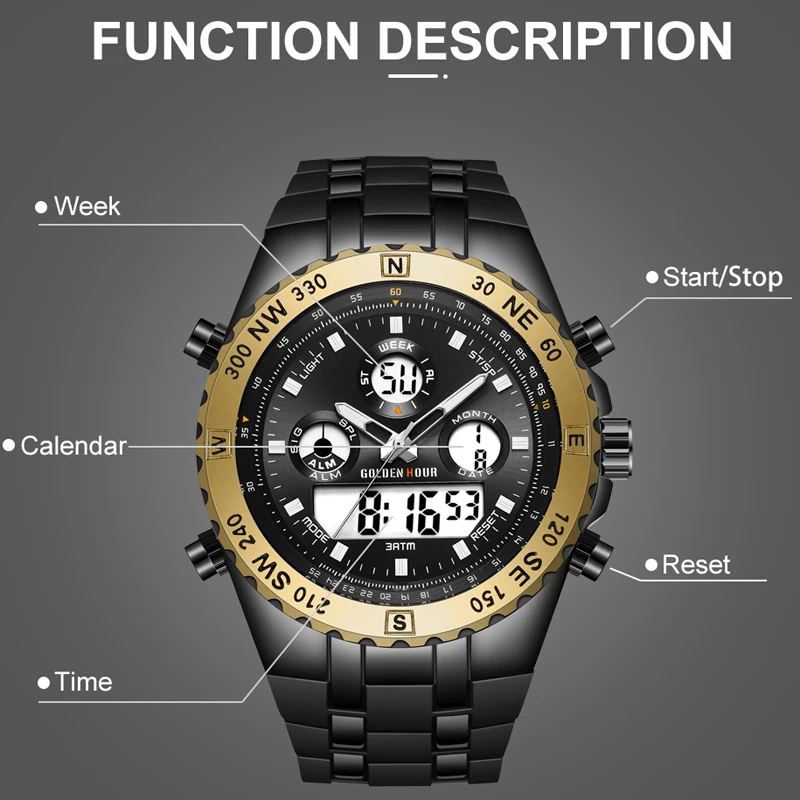 Reloj GOLDENHOUR мужские часы Quarzt цифровые с двойным дисплеем наручные светящиеся Relogio