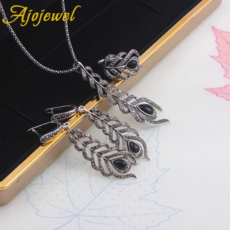 Ajojewel Размеры 7-9 индивидуальность серебряные Цвет Винтаж Стиль зеленые кристаллы горного лист, ювелирный набор элегантные вечерние ювелирные изделия