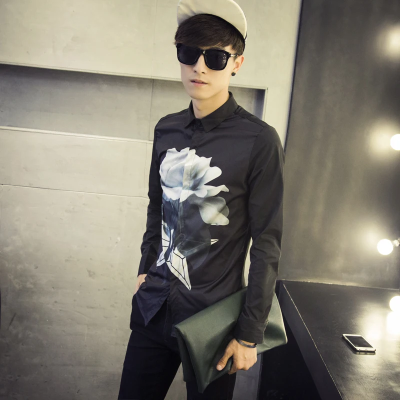 Весенние повседневные мужские рубашки с длинным рукавом модные цветочным