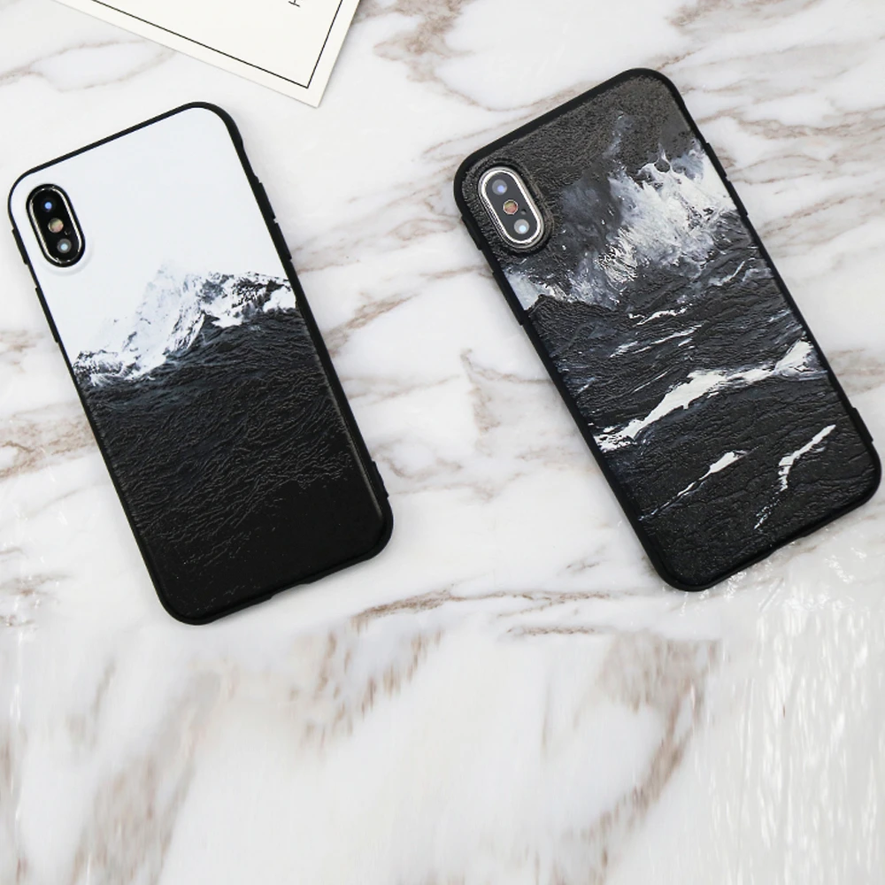 Fashion 3D Emboss Sea Waves Soft TPU Case For iPhone X Black White Relief Snow Mountain Painting Back Cover Anti-knock |