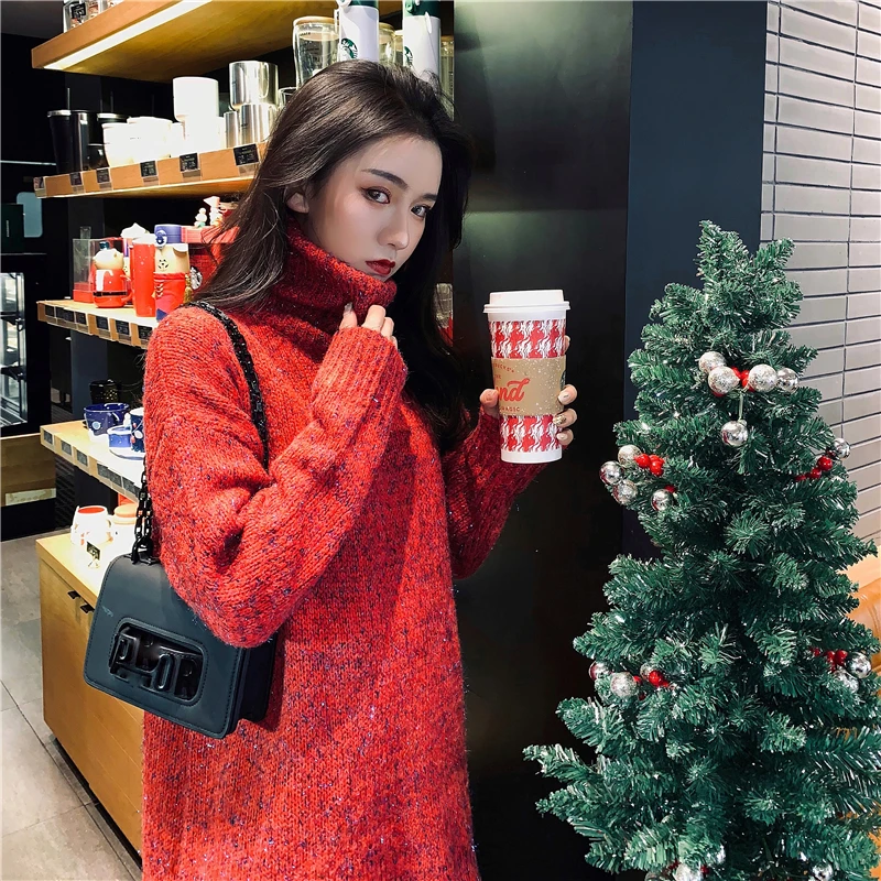 Sweater autumn and winter women's new fashion wild red turtleneck sweater female loose hood long tops | Женская одежда
