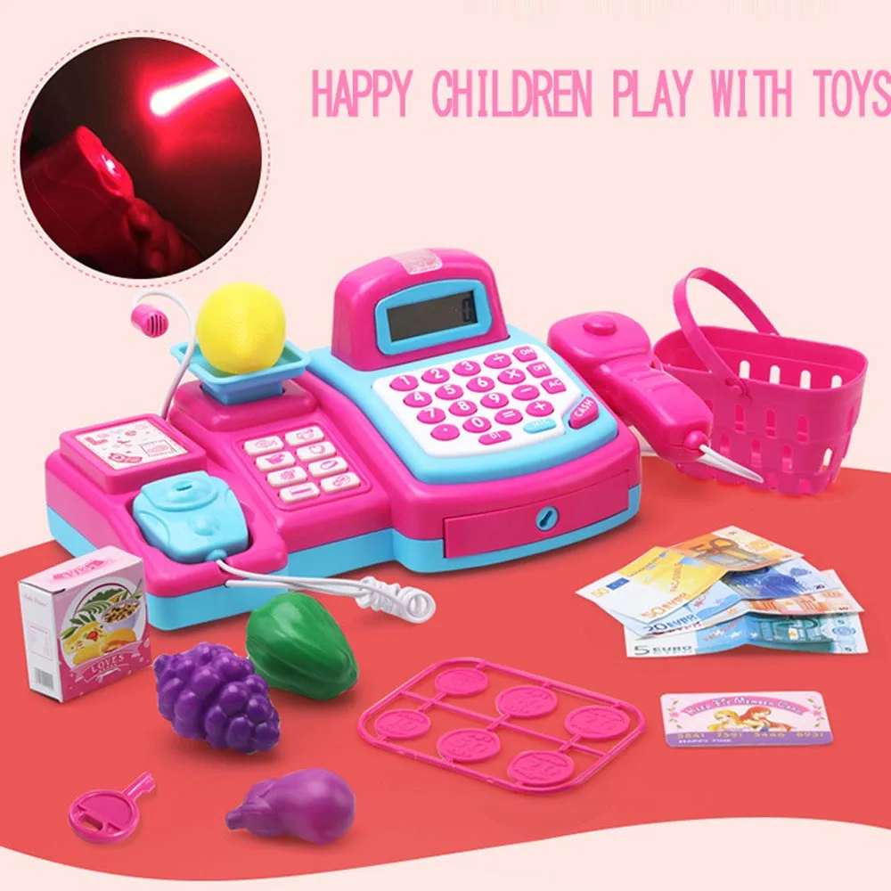 

Children pink supermarket cash register role playing toy girl gift calculator and scanner multi-function simulation toy