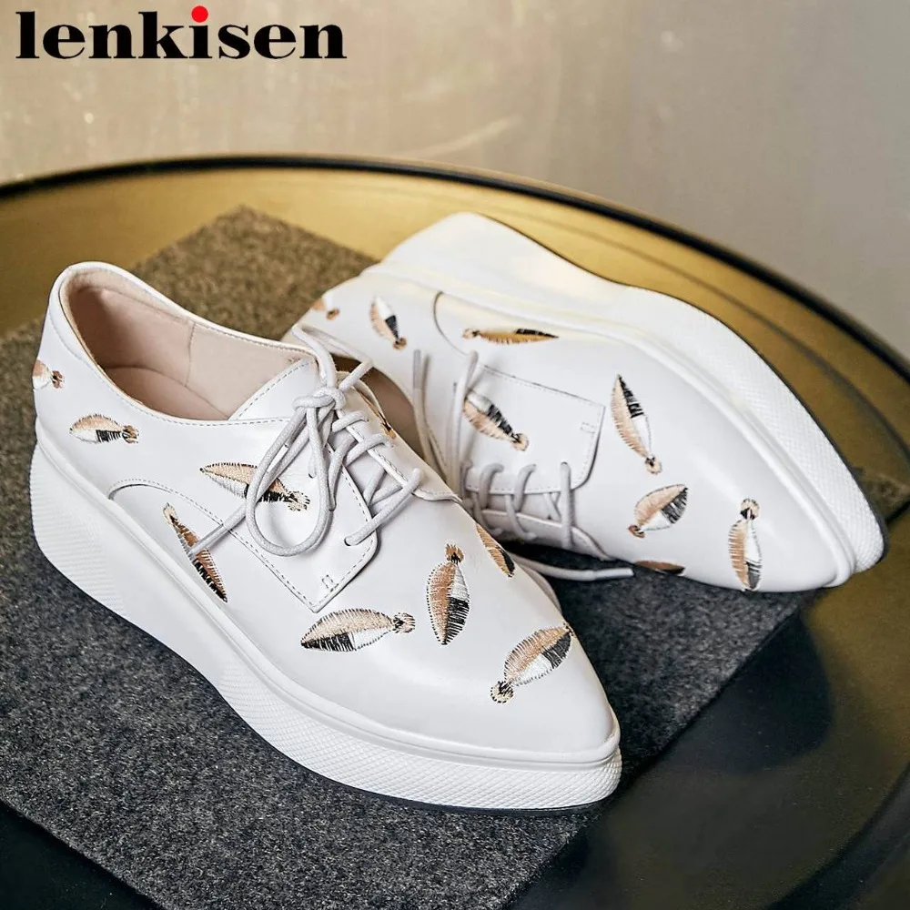 Lenkisen/дышащие кроссовки из натуральной кожи с вышивкой на шнуровке острым носком
