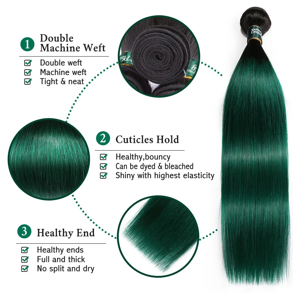 Green Bundles With Closure Straight Brazilian Hair Weave Ombre 3Pcs Non Remy For Black Women Beauty Plus | Шиньоны и парики