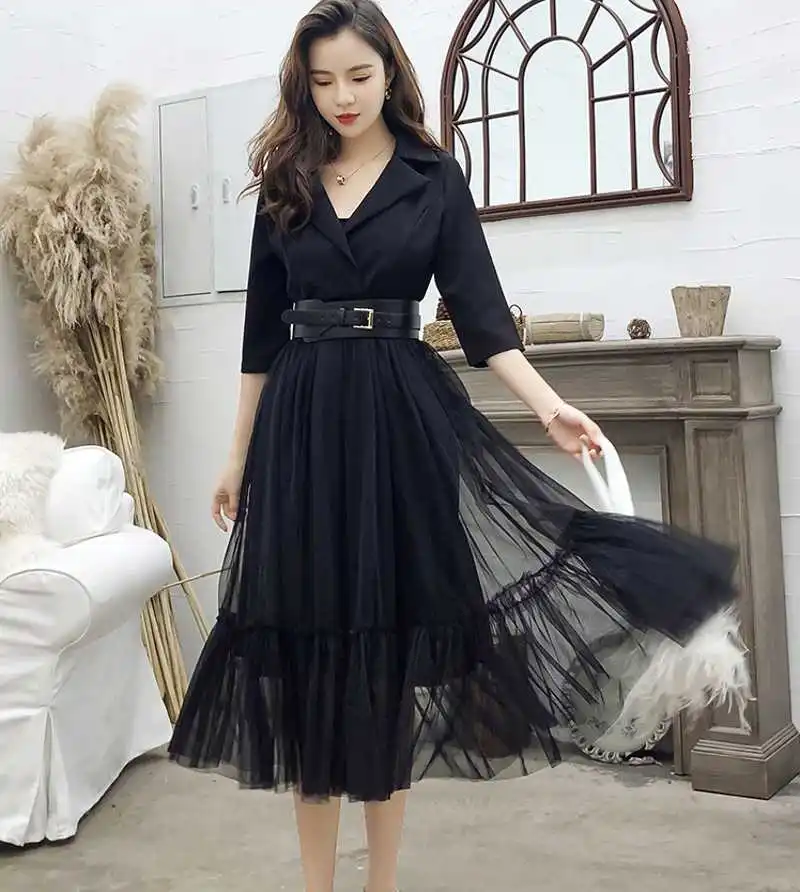 black half sleeve Весна, сексуальное элегантное платье в стиле пэчворк, женское платье с вырезами на шее, Сетчатое платье с поясом, длинное платье, платье высокого качества - Цвет: black half sleeve
