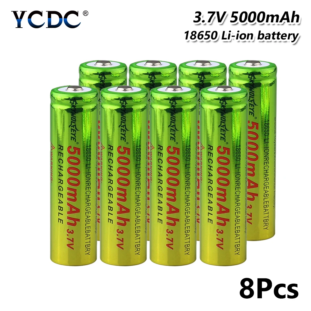 8pcs 1/2/4/6 шт. SKYWOLFEYE 18650 Батарея 3,7 V 5000 мА/ч, литий зарядки Перезаряжаемые батарейки литий-ионный аккумулятор для фонарика зеленый+ желтый - Цвет: 8pcs