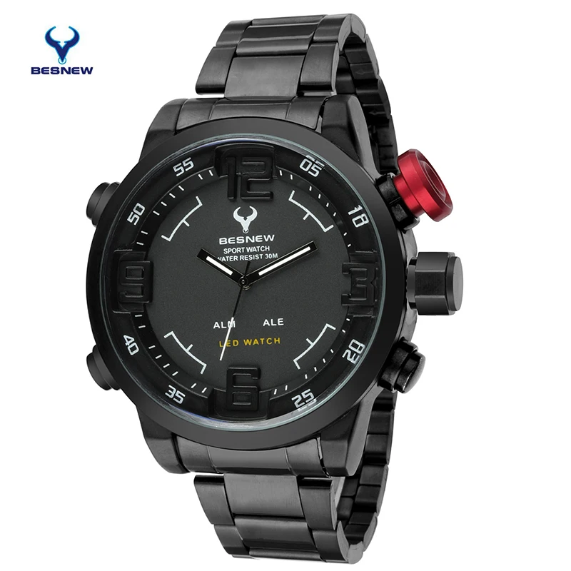 BESTNEW Цифровой СВЕТОДИОДНЫЕ часы Люксовый Бренд Полный стали Кварцевые мужская