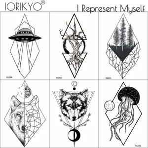 Водостойкие треугольные татуировки с волком, женские, на руку, космический корабль, временная татуировка, мужские, геометрические, космические корабли, дерево, фальшивые татуировки ромб