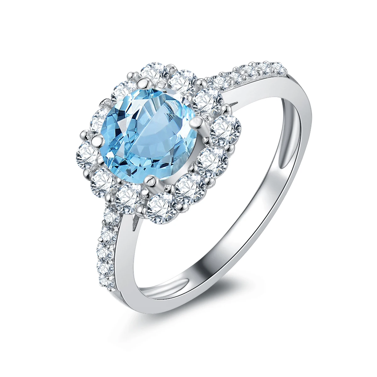 

QYI Fashion 925 Sterling Silver Natural Gemstone Rings Natural Sky Blue Topaz Round Cut 1.25 ct Halo Engagement Rings For Women