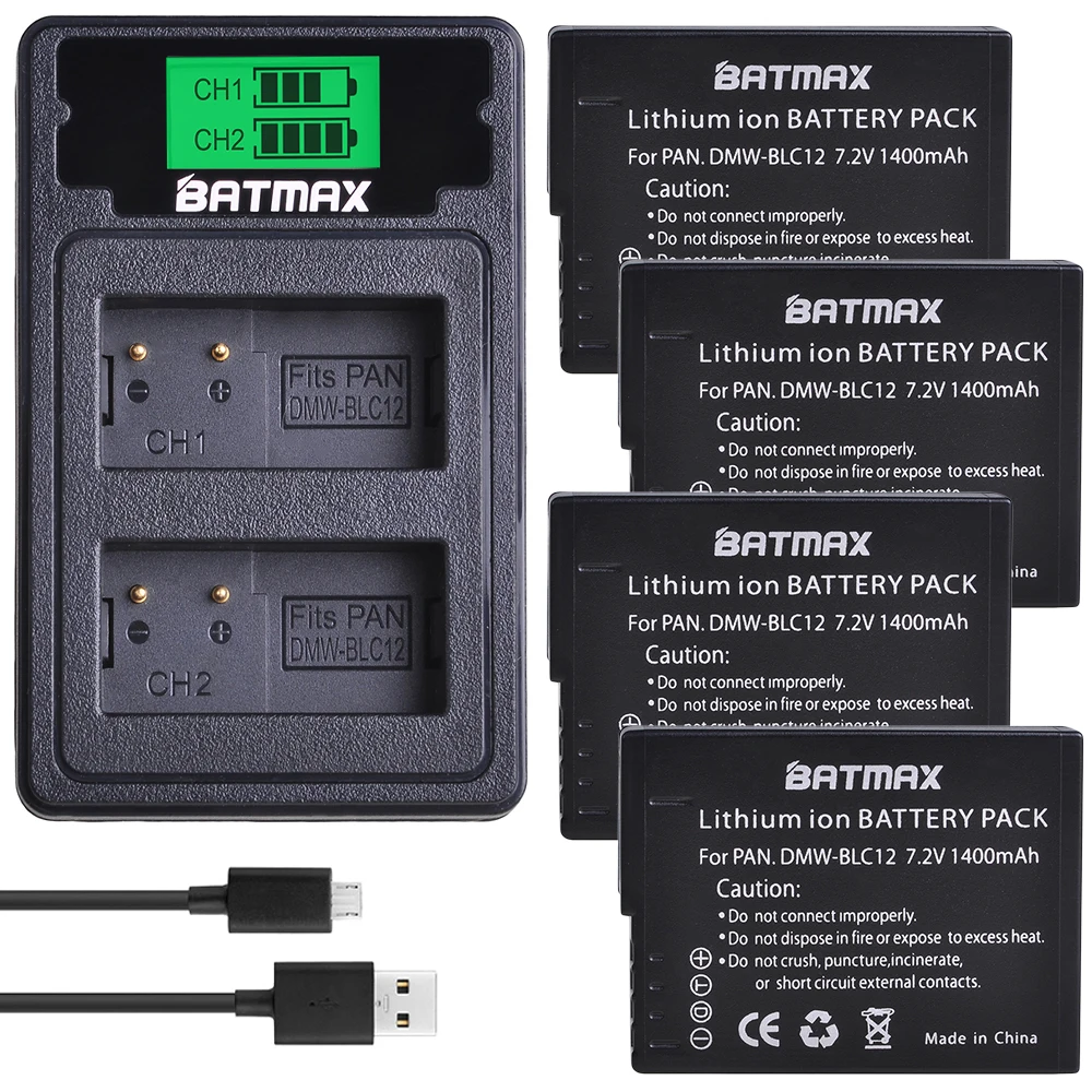 4X DMW-BLC12 BLC12 DMW-BLC12E DMW-BLC12PP Battery + LCD Dual Charger for Panasonic Lumix DMC-G85,FZ200,FZ1000,G5,G6,G7,GH2,GX8